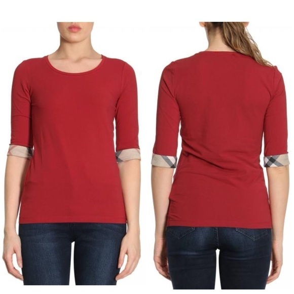 Burberry Brit • scoop round neck check cuff stretch top - Picture 1 of 12